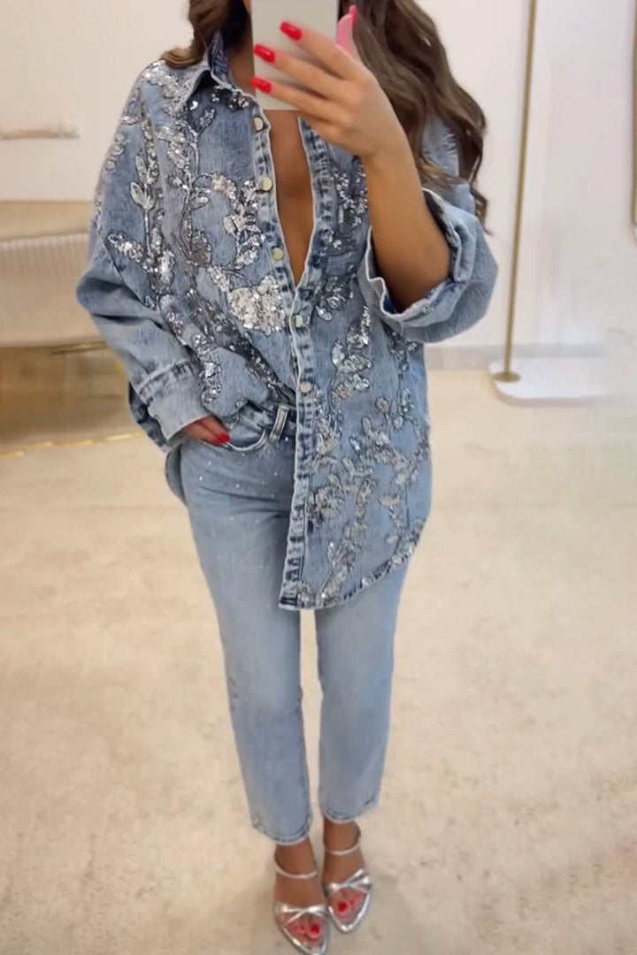 Jane | Denim & Pailletten Strickjacke