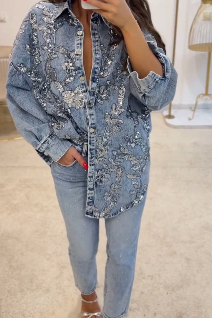 Jane | Denim & Pailletten Strickjacke