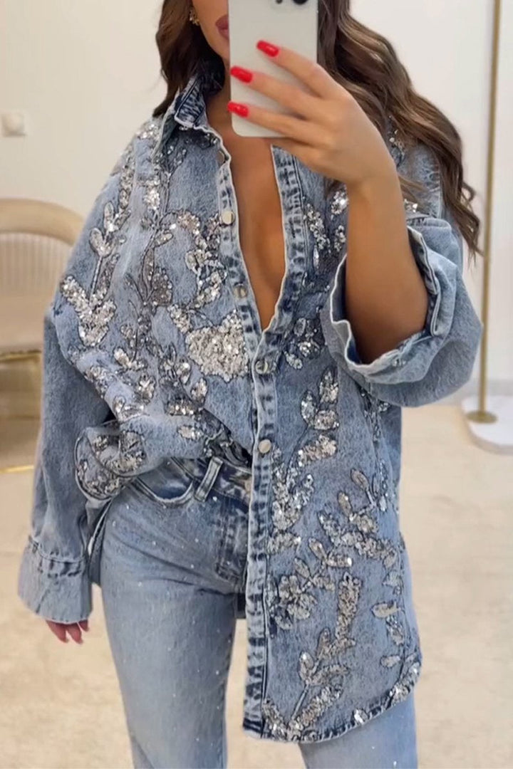 Jane | Denim & Pailletten Strickjacke