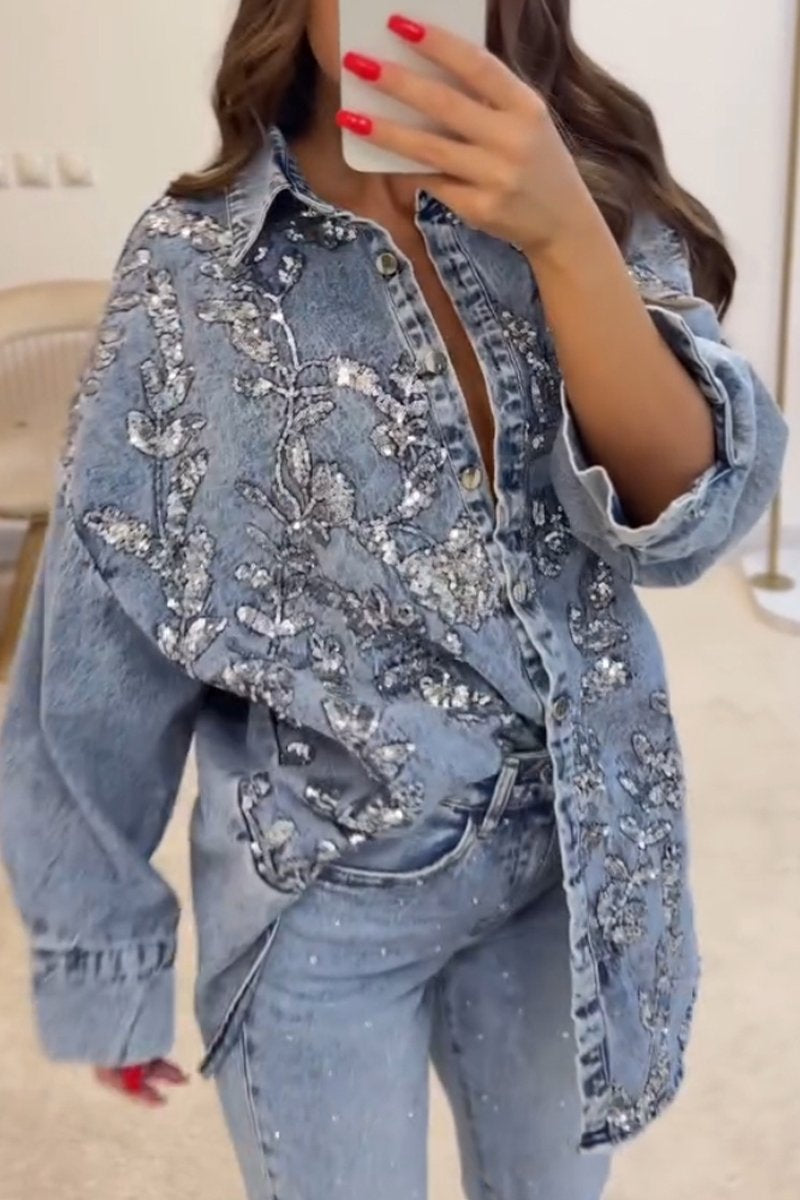 Jane | Denim & Pailletten Strickjacke