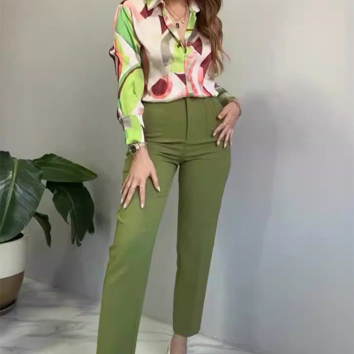 Almira 2-teiliges Set aus bedrucktem Hemd und Hose für Damen mit Knöpfen