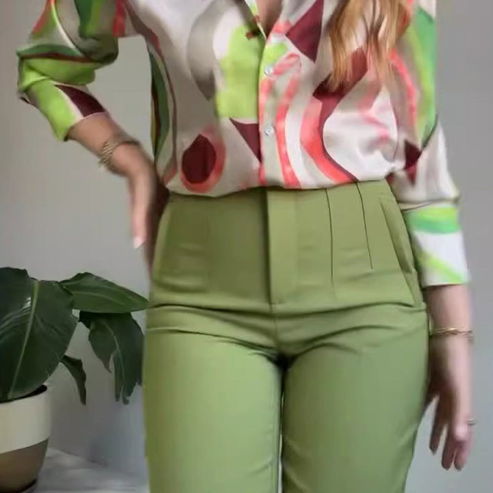Almira 2-teiliges Set aus bedrucktem Hemd und Hose für Damen mit Knöpfen