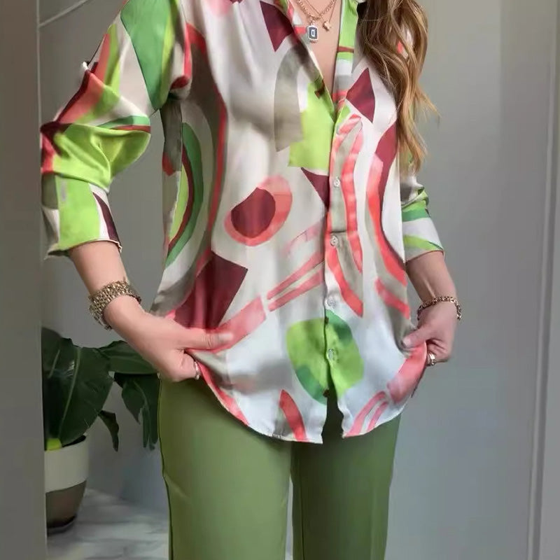 Almira 2-teiliges Set aus bedrucktem Hemd und Hose für Damen mit Knöpfen