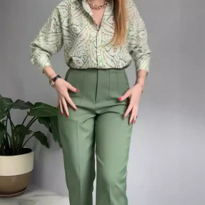 Almira 2-teiliges Set aus bedrucktem Hemd und Hose für Damen mit Knöpfen